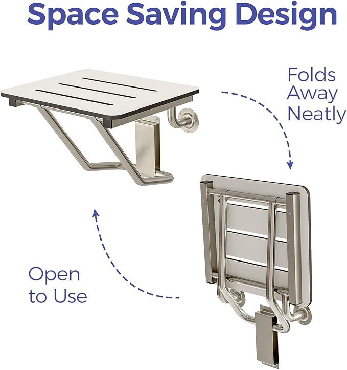 Stardrix 18" x 16" ADA Compliant Phenolic White Folding Shower Seat Bench, Wall Mount Foldable Bathroom Shower Chair with Stainless Steel Support, 400 lbs Capacity