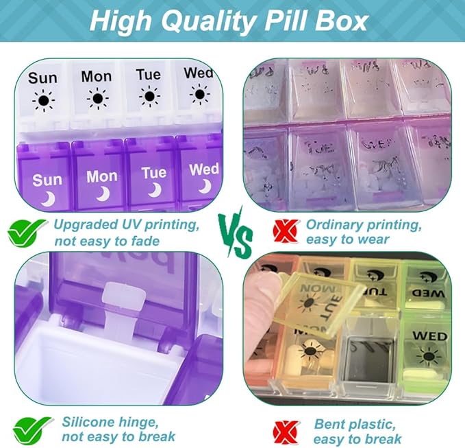 Shintop Am Pm Pill Organizer 7 Day, Push Button Weekly Pill Box 2 Times Removable Lid Medication Case Easy Fill Day Night Vitamin Container for Fish Oil Supplements (Purple & White)