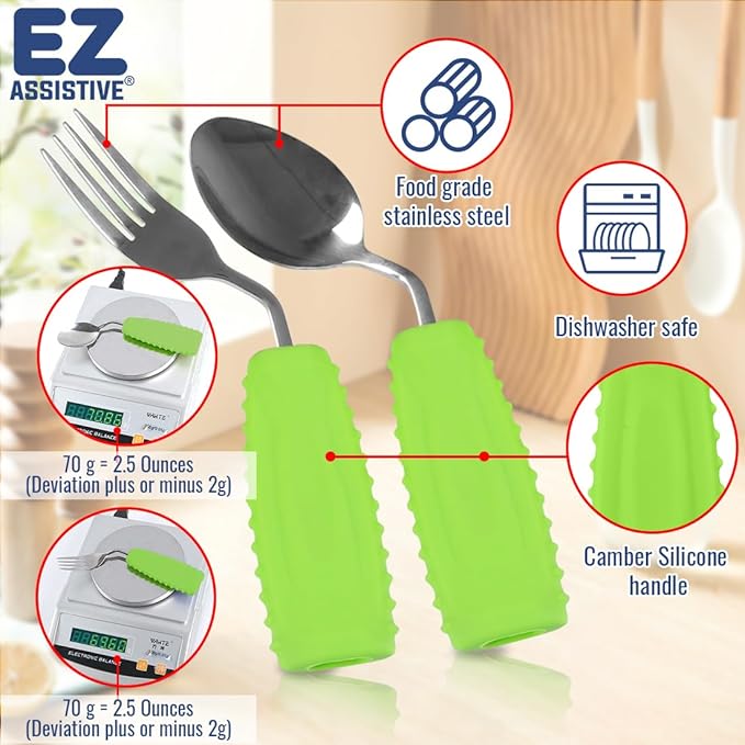 Adaptive Utensils Set – Ergonomic Angled Fork & Spoon for Parkinson's, Tremors, and Stroke Recovery – Weighted Utensils for Hand Tremors, Non-Slip Silicone Grip, Dishwasher Safe