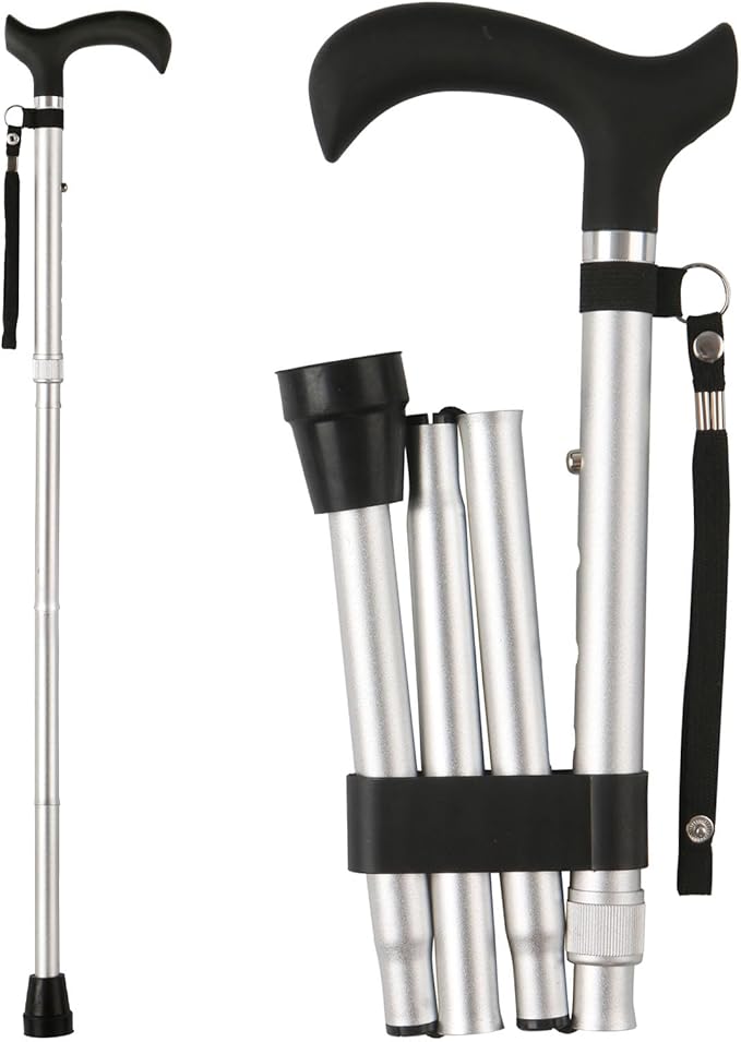 Folding Cane, 5-Level Adjustable Height Lightweight Portable Foldable Walking Canes with Wrist Strap and T Handle for Men Women Seniors