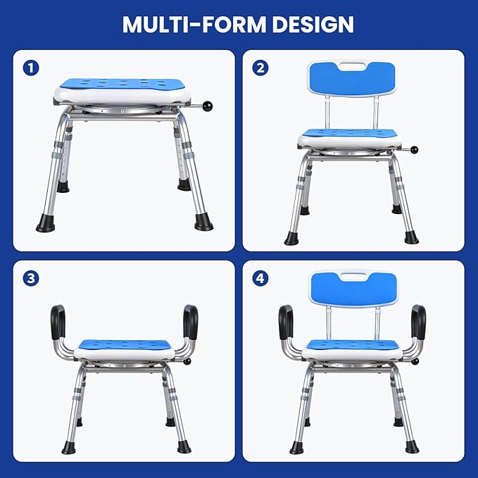 Deluxe Swivel Shower Chair with Arms & Back by CZMY, 360° Locking Seat, 5-Level Height Adjustable, Padded Heavy-Duty Bath Chair, 300 lbs, for Seniors, Elderly, Handicap & Disabled Blue