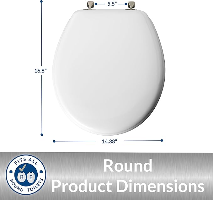 MAYFAIR 844BN 000 Toilet Seat with Brushed Nickel Hinges will Never Come Loose, ROUND, White, 2 Pack - ROUND