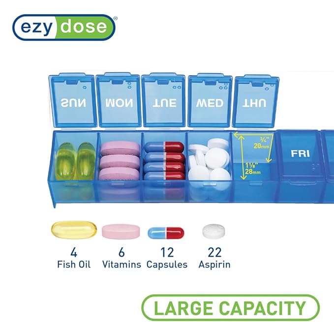 EZY DOSE Weekly (7-Day) Daily Pill Case, Medicine Planner, Vitamin Organizer, Supplement Container, Convenient and Easy to Use, Large Compartments, Travel Friendly, Blue, Made in the USA, BPA Free