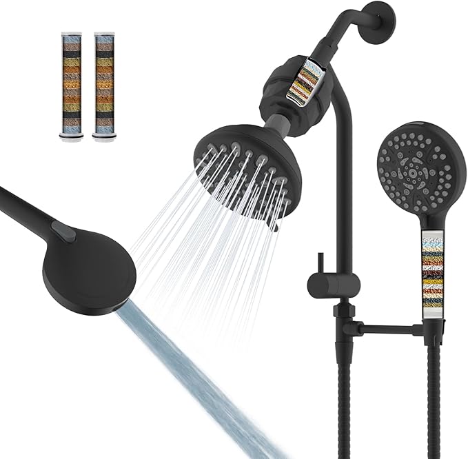 Filtered Shower Heads, All Metal Dual Shower Head with Easy Reach Handheld Spary Combo, 3-Way High Pressure 70 Modes Rainfall Showerhead, 71" Hose, Shower Bracket, 20 Stage Shower Filter, Matte Black