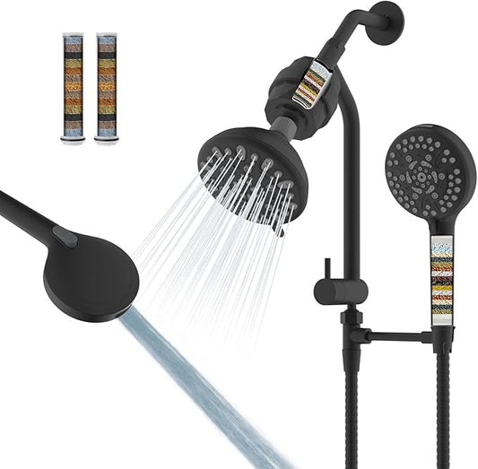 Filtered Shower Heads, All Metal Dual Shower Head with Easy Reach Handheld Spary Combo, 3-Way High Pressure 70 Modes Rainfall Showerhead, 71" Hose, Shower Bracket, 20 Stage Shower Filter, Matte Black