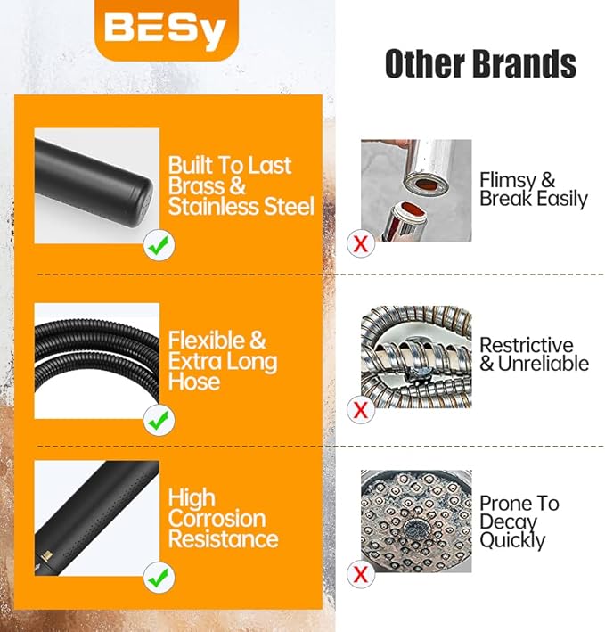 BESy Black Brass 2 In 1 Function Handheld Shower Head Set High Pressure 7 Inch Shower Head High Flow Hand Shower Wand with 59 Inch Hose, Bracket, Matte Black Finish