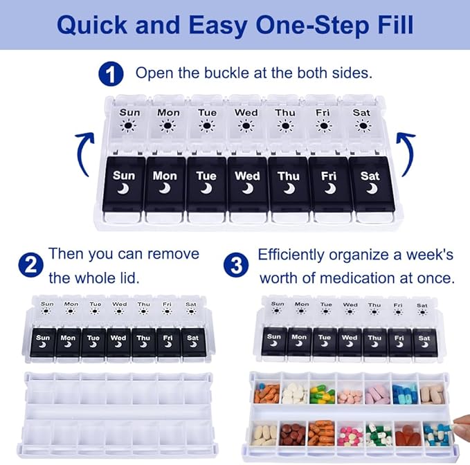 HRX Package Pill Organizer 2 Times a Day, Easy Fill & Open Weekly Medicine Box Vitamin Cases for 7 Day AM PM
