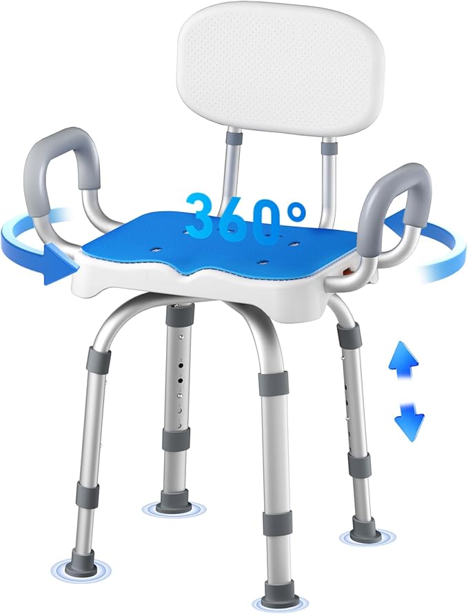 KingPavonini Swivel Shower Chair with Arms and Back, 550 lbs Heavy-Duty Shower Chair for Inside Shower Stall and Tub, Anti-Slip M-Shaped Seat & Height Adjustable Shower Seat for Elderly and Disabled