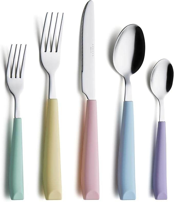 ANNOVA Silverware Set Stainless Steel Colorful Handle Tableware Kitchen Flatware Set Utensils, Includes Dinner Knives, Forks, Spoons, Salad Forks & Dessert Spoons (Pastel Mix, 20 Pieces)
