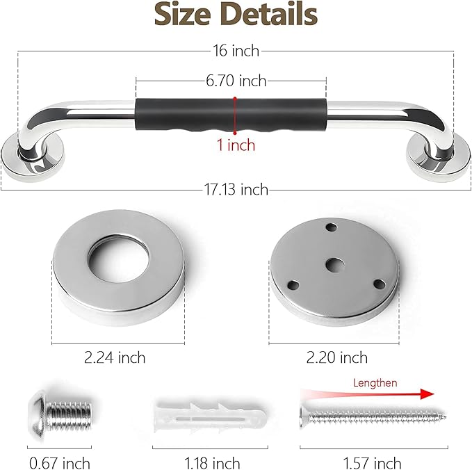 2 Pack Grab Bars for Showers 16 Inch Anti Slip, Shower Grab Bars for Seniors, Handicap Grab Bars for Wall Bathroom, Safety Bath & Shower Handles for Elderly, Tesuchan