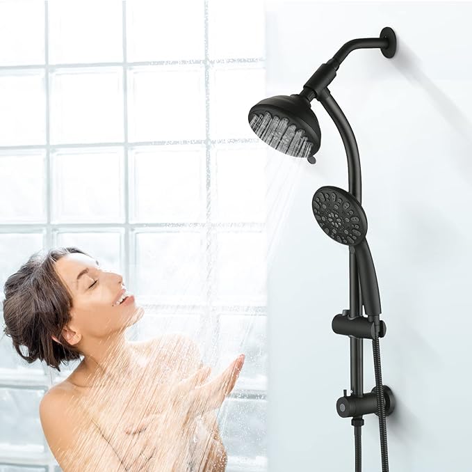 High Pressure 48-Settings Shower Head with Handheld Shower,Drill-Free 3-Way Diverter for Easy Reach,Adjustable Height Slide Bar Dual Shower Head Combo Set - Matte Black