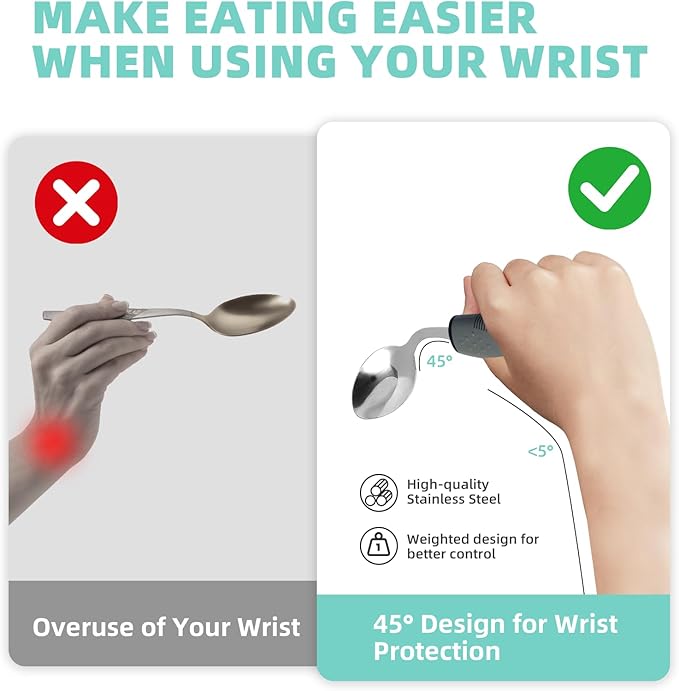 4 Pcs Adaptive Utensils for Elderly, 45° Angled Built Up Handle Utensils for Adults, Arthritis Silverware for Parkinsons Patients, Eating Utensils for Hand Tremors(Left-Handed)