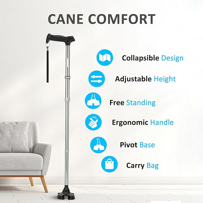 REHAND Walking Cane for Men & Women - Foldable, Adjustable, Lightweight, Self Standing Pivot Walking Cane, Soft Handle Grip, with Travel Bag, Walking Sticks for Seniors & Adults