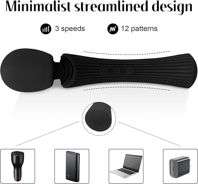 Handheld Cordless Personal Massager - Powerful 12 Vibration Patterns, 3 Speeds Settings & Waterproof, Body-Safe Silicone for Relaxation and Muscle Comfort in Neck, Shoulders and Foot -Black