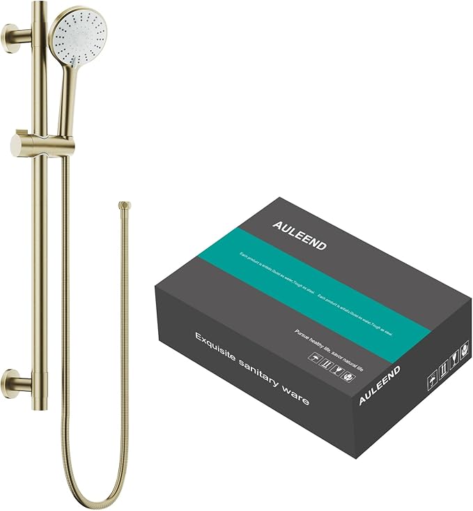 Shower Slide Bar Handheld Shower Head with Hose, 5-Function Hand Shower with Wall Mount，shower slide bar,adjustable height shower head (A-round, Brushed Gold)