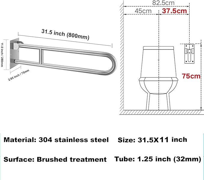 Toilet Grab Bar 31.5inch,Stainless Steel Foldable Bathroom Support Rail,Anti-Slip Handicap Grab Bars Safety Rails, For Seniors,Elderly,Pregnant,Disabled,Shower Grab Bars Supports 350lbs Load-1.26 Tube