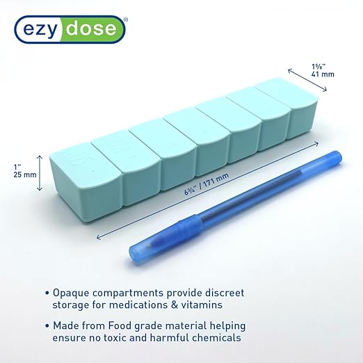 EZY DOSE Weekly (7-Day) Daily Pill Case, Embossed Matte Pill Case, Daily Medicine & Vitamin Organizer Box, Large Easy-Open Compartments, BPA-Free Medication Planner for Home & Travel, Teal