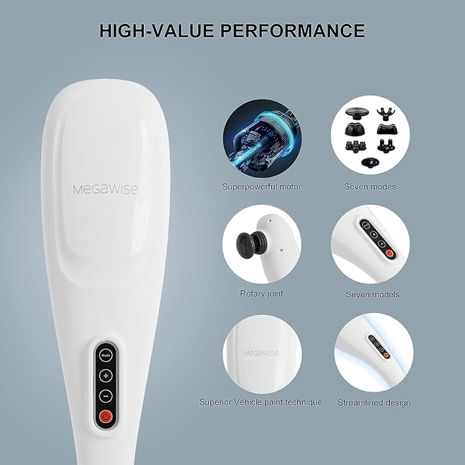 MEGAWISE Cordless Handheld Back Massager w/Rechargeable 3200mAh Battery, 5 Speed and 5 +2 Massage Nodes with Hard, Medium and 2 Soft Silicone Nodes; Massage While Moving Around (White)