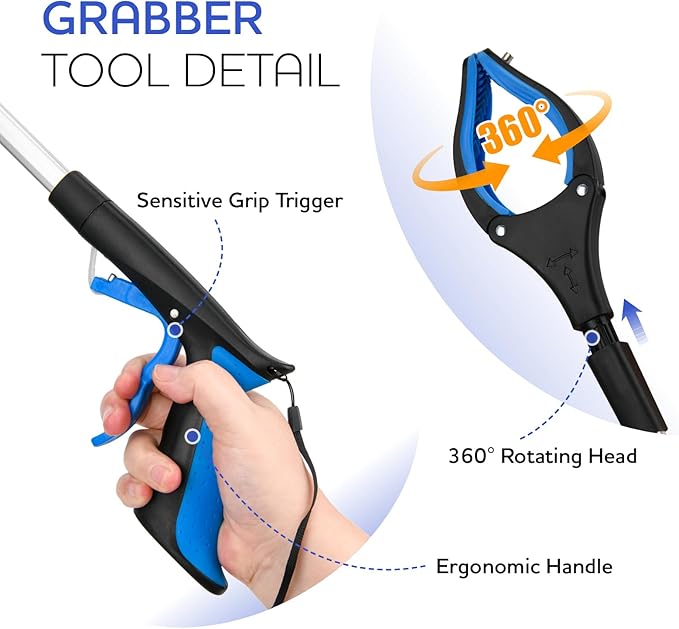 Grabber Reacher Tool,32 Inch Extra Long Foldable Pick Up Stick with Buckle and Rope and with Strong Grip Magnetic,360°Rotating Anti-Slip Jaw,Trash Picker Tool for Outdoor & Indoor (Blue)