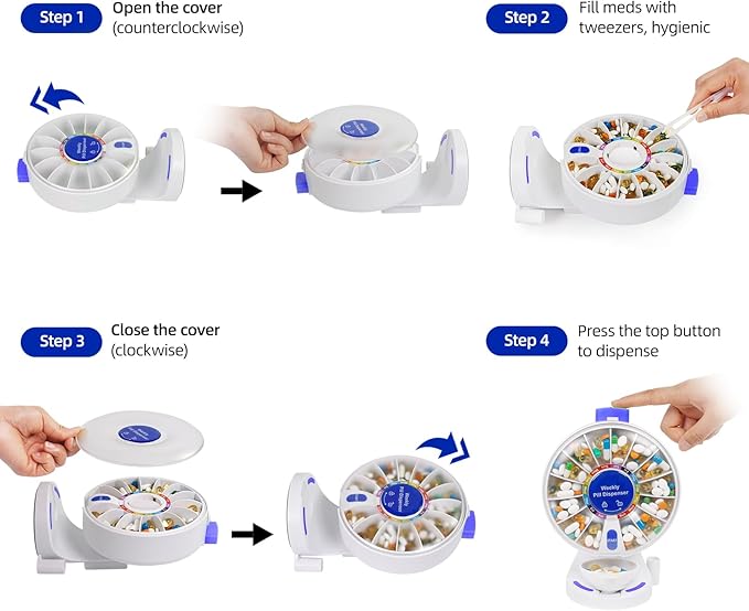 14-Day Push Button Pill Dispenser for Seniors & Caregivers | Standing or Wall-Mount Medication Organizer with Child Lock, 14 Large Compartments for Fish Oil, Vitamins, Medicine, or Supplements, Blue