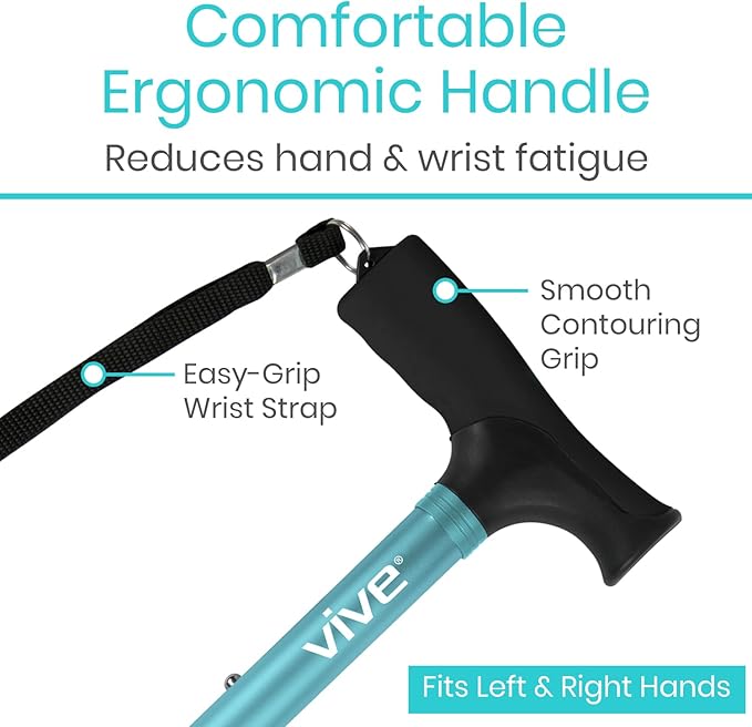 Vive Folding Cane - Foldable Walking Cane for Men, Women - Fold-up, Collapsible, Lightweight, Adjustable, Portable Hand Walking Stick - Balancing Mobility Aid - Sleek, Comfortable