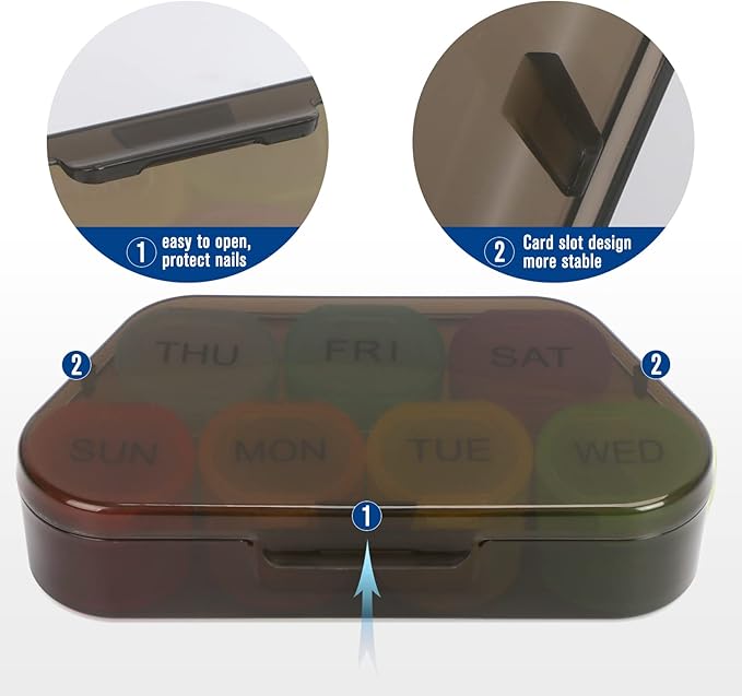 NatureTouch Weekly Pill Organizer, BPA Free Medicine Organizer Rainbow 7 Day Pill Box, Daily Portable Pill Conatainer for Pills/Vitamin/Fish Oil/Supplements [Lastest Version],Black