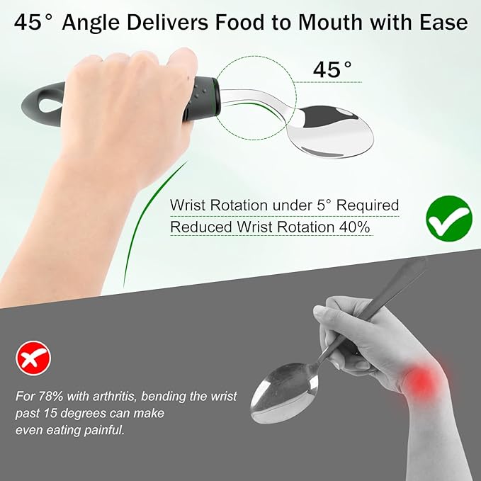 KintKita Adaptive Utensils for Elderly 4 Piece, 45°Angled Parkinsons Utensils for Elderly, Arthritis,2.9 oz Weighted Silverware for Elderly, Arthritis, Weak Hand Grip, Left-Handed Use
