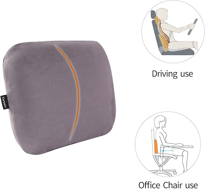 Carwales Lumbar Support Pillow for Car Seat Cushion Office Chair Thin Lower Back Pain Waist Support Driver Road Trip Accessories for Women Men Grey