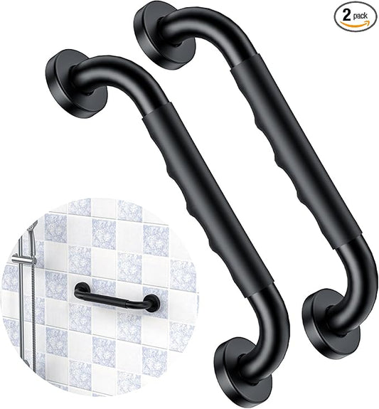 2 Pack 12 Inch Black Shower Grab Bar w/Anti Slip Rubber Grip,ZUEXT Stainless Steel Bath Grab Bar,Bathroom Balance Bar,Wall Mount Safety Handrail Support,Handicap Injury Elderly Senior Assist Handle
