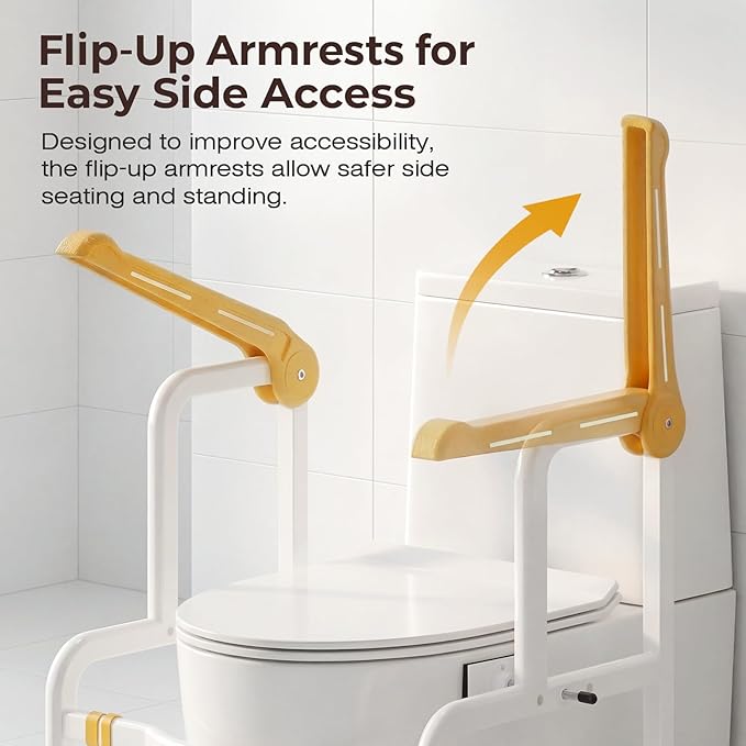 Toilet Safety Rails for Elderly & Disabled with Glow-in-the-Dark Handles, 450 lbs Heavy-Duty Frame, Flip-Up Arms, Dual Lock (Suction & Clamp), Adjustable No-Wobble Support, Yellow
