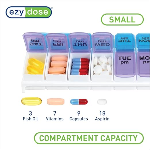 EZY DOSE Weekly, AM/PM Daily Pill Organizer, 7-Day Medicine Planner, Vitamin Container, Small Pop-Out Compartments, 2 Times a Day Pill Holder, Blue and Purple Lids, Travel-Friendly, BPA Free