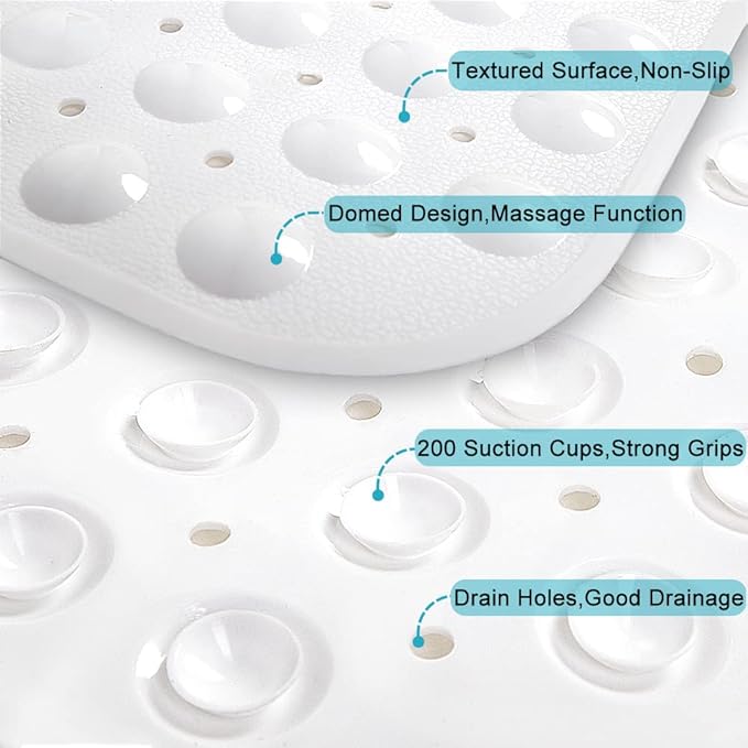 Linoows Bathtub and Shower Mats, Extra Long Non-Slip Bath Tub Mat 39 x 16 Inch, Machine Washable Bathmat with Suction Cups & Drain Holes for Bathroom Floor, White