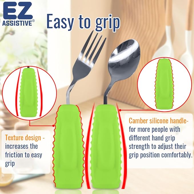 EZ Assistive Adaptive Utensils Spoon & Fork Easy to Hold for Independent Eating, Weighted Utensils for Hand Tremors