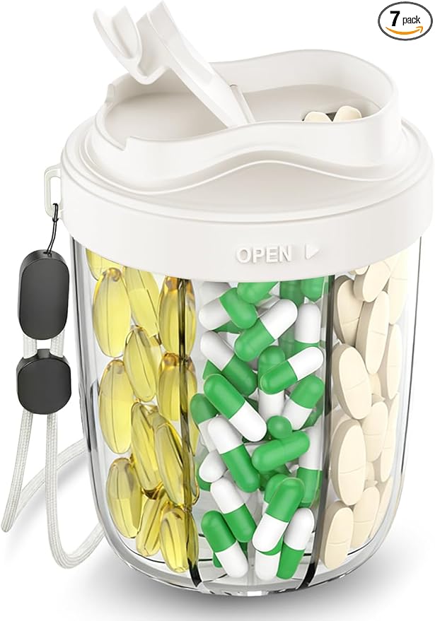 Large Pill Dispenser to Store 7 Various Supplements - Pill Organizer & Supplement Organizer for Travel, Anti-Mixing Design, with Strap & 20 Sticky Labels （Off-White）