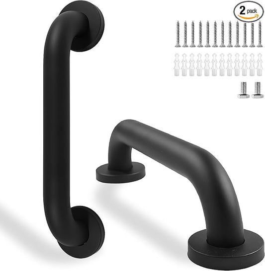 Shower Grab Bar, 2 Pack 12 Inch Black Bathroom Grab Bar, 1.25" Diameter 304 Stainless Steel Grab Bars for Bathtubs and Showers, Handicap Shower Grab Bar for Seniors Elderly
