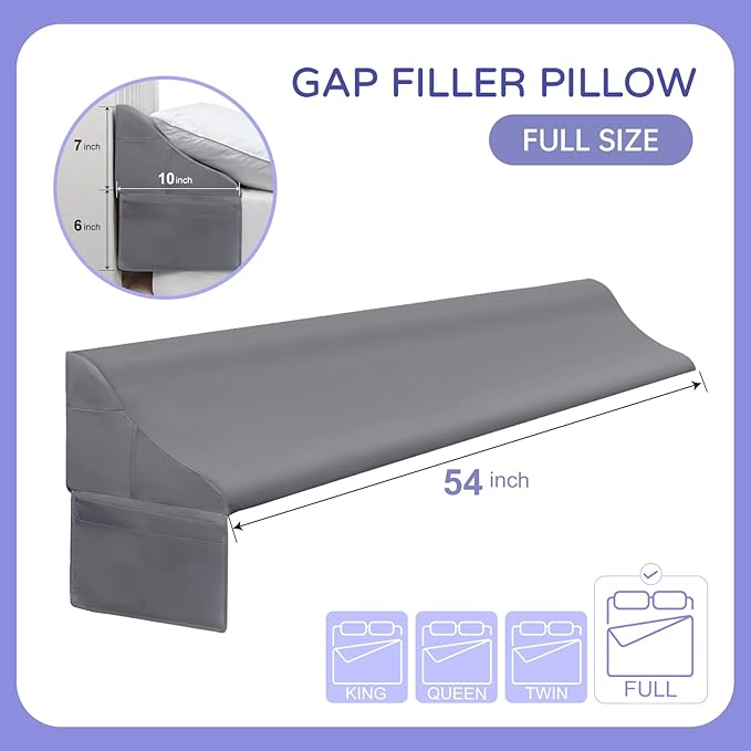 Vekkia Full Size Bed Wedge Pillow for Headboard/Bed Wedge Gap Filler/Mattress Gap Filler/Wedge Pillow to Close The Gap (0-6") Between Your Headboard and Mattress, (Grey 54"x10"x7")