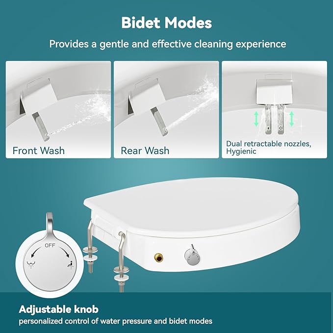 Clirass 3" Raised Toilet Seat with Bidet - Non-Electric Bidet with Dual Nozzles - Elevated Toilet Risers for Seniors & Limited Mobility - Easy Install & Clean (Elongated)
