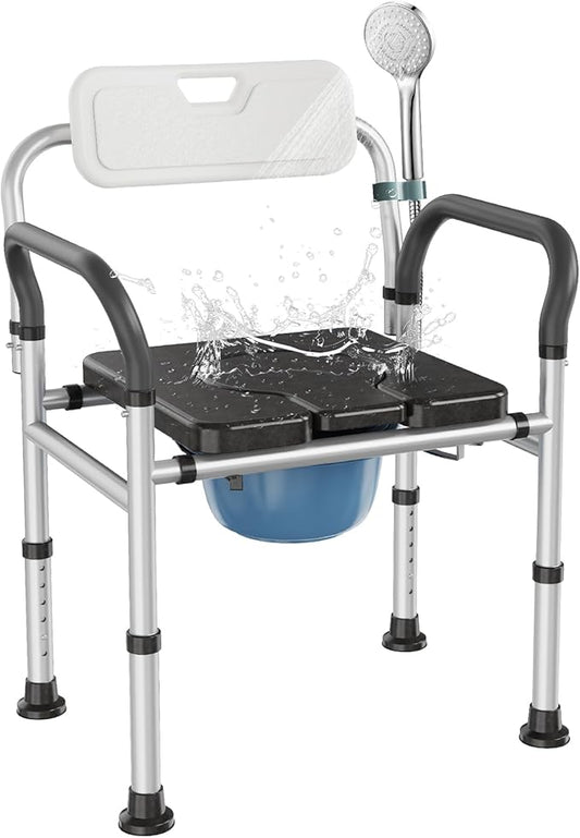 Heavy Duty Bedside Commode Chair with Adjustable Height, Raised Toilet Seat with Arms Handles and Back Support for Elderly, Portable Bedside Toilet with Bucket（Width 19.69")