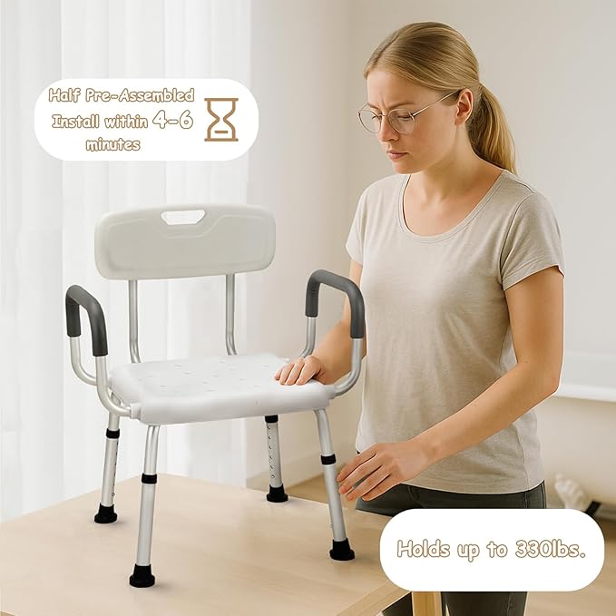 Urby Plus Size 24in Extra Wide Shower Seats for Adults with Arms & Back, Semi Pre-Assembled Bath Chairs for Seniors, or Big & Tall Person. 150kg Weight Capacity. Square