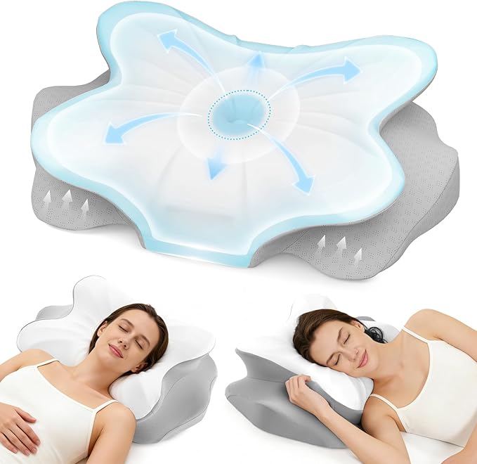 Cervical Neck Pillow for Neck Pain Relief, Ergonomic Contour Memory Foam Pillow with Cooling Pillowcase, Orthopedic Support Pillows for Side Back Stomach Sleepers, Gray