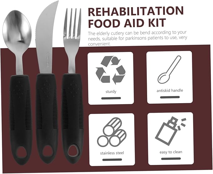 3Pcs Adaptive Utensils for Elderly Tremble Cutlery for Seniors Ergonomic Design with Non Slip Grip for Patients Easy to Clean