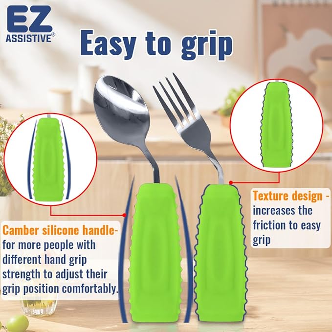 EZ Assistive Adaptive Weighted Utensils Set – Spoon and Fork for Hand Tremors, Parkinson’s, Elderly, and Arthritis – Adaptive Eating Utensils for Weak Grip and Limited Mobility