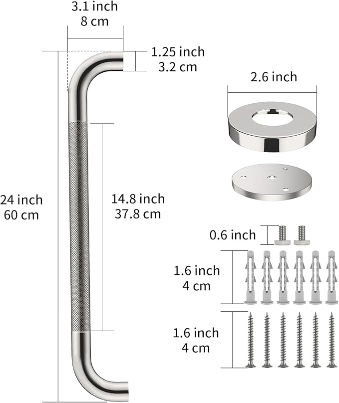 2 Pack 24 Inch Anti Slip Shower Grab Bar Handles, ZUEXT Chrome Stainless Steel Knurled Bathroom Balance Bar, Safety Hand Rail Support,Handicap Elderly Injury Senior Assist Bath Handle(1.25" Diameter)