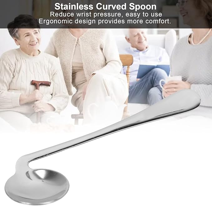 Self Feeding Curved Utensil Angled Spoon, Stainless Steel Curved Spoon, for Hand Tremors, Joint Pain or Elderly Use, Left Right Handed Grip Easy Offset Spoon(Right Hand)