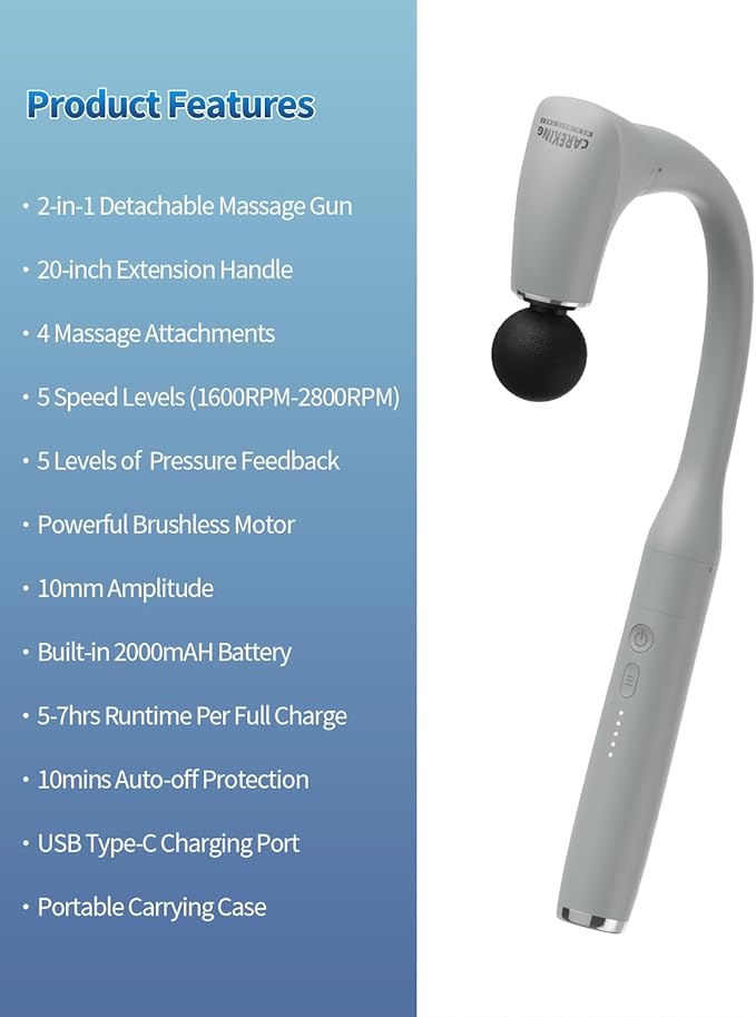2-in-1 Detachable Massage Gun with Extension Handle, Back Massager for Pain Relief Deep Tissue, Handheld Muscle Massager for Neck Arm Shoulder Lower Back Thigh Waist,Gifts for Women Men,Grey