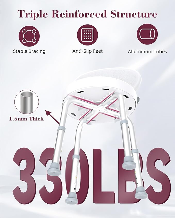 Swivel Shower Chair, 360° Non-Slip Shower Seat with Backrest for Elderly and Disabled, Height Adjustable Rotating Tub Bench for Seniors Bathroom Inside Shower with Compact Frame (White)