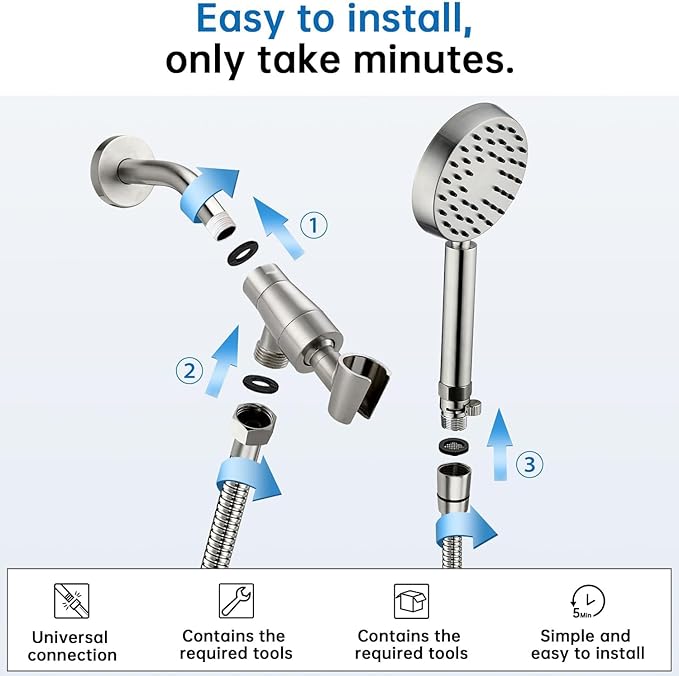 G-Promise Solid Metal Brushed Nickel Handheld Shower Head with Extra Long Stainless Steel Hose & Water Saving On/Off Pause Valve, Modern Style, 1 Setting