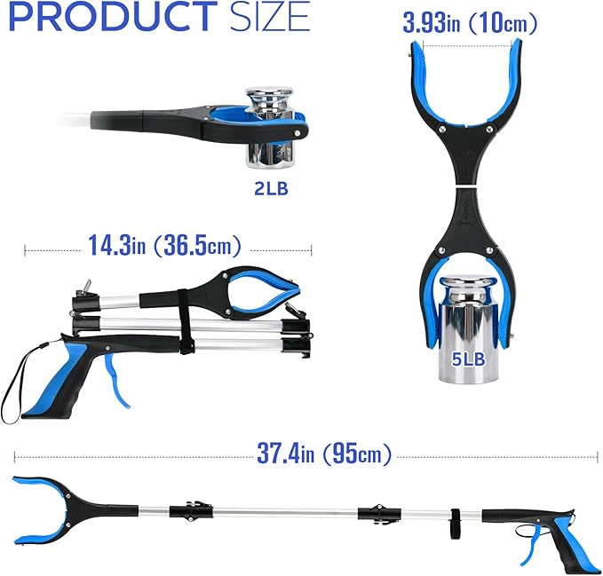 37.4 inch 2024 Upgraded Edition Grabber reahcer Tool,Foldable Reacher Grabber Pickup Tool with Strong Grip Magnetic,360°Rotating Anti-Slip Jaw,Trash Picker Tool for Outdoor & Indoor (Blue)
