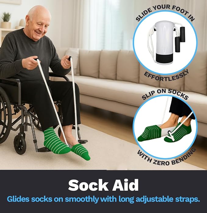 FSA/HSA Sock Aids for Putting On Socks with Gripper Reacher Grabber Tool – Sock Helpers to Put On Your Socks for Seniors with Long Grabber Reacher Tool – Ideal for Elderly, Mobility Impairment