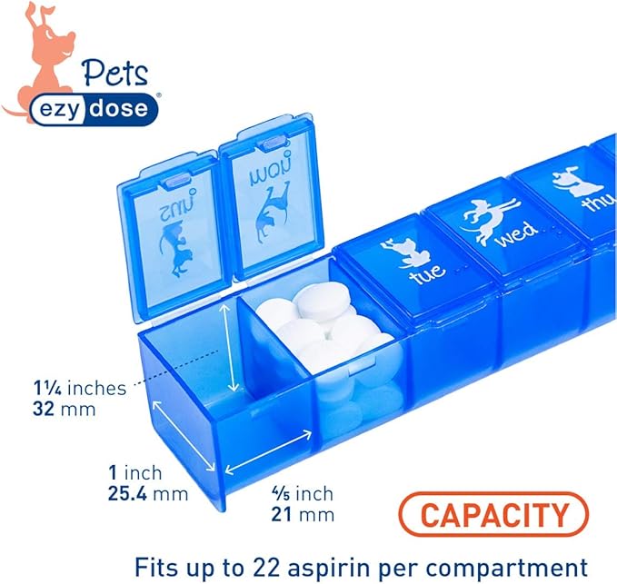 EZY DOSE Pets Weekly (7-Day) Pill Organizer, Vitamin and Medicine Box for Dogs, Large Compartments, Blue Lids, Made in The USA (Pack of 2)